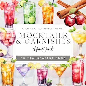 May include: A set of 50 watercolour clipart images of mocktails and garnishes. The clipart includes various types of drinks, such as iced tea, lemonade, and cocktails, as well as garnishes like cherries, limes, and mint leaves. The clipart is perfect for creating invitations, party decorations, and other creative projects.