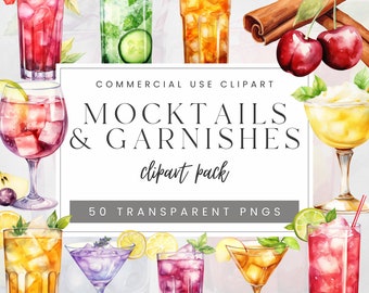 May include: A set of 50 watercolor clipart images of mocktails and garnishes. The clipart includes various types of drinks, such as iced tea, lemonade, and cocktails, as well as garnishes like cherries, limes, and mint leaves. The clipart is perfect for creating invitations, party decorations, and other creative projects.