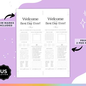 May include: A white wedding activity sheet with the text "Welcome to the Best Day Ever!" and various games and prompts. Includes trim marks and a "US Letter" label. The sheet is designed to print two per page.