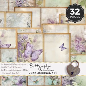 Garden Butterfly Junk Journal Kit, Digital Junk Journal Paper, Instant Download, Vintage Floral Ephemera, Butterfly Scrapbooking Supplies