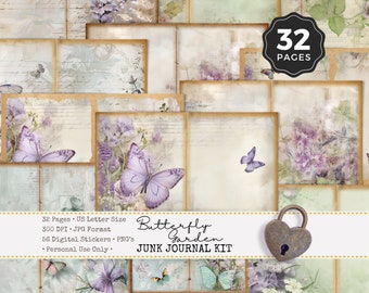 Garden Butterfly Junk Journal Kit, Digital Junk Journal Paper, Instant Download, Vintage Floral Ephemera, Butterfly Scrapbooking Supplies