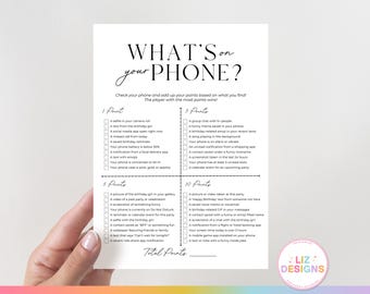 Puede incluir: Una tarjeta de juego imprimible con el título "What's on your phone?" Los jugadores comprueban los elementos de sus teléfonos y obtienen puntos en función de lo que encuentren. El jugador con más puntos gana.