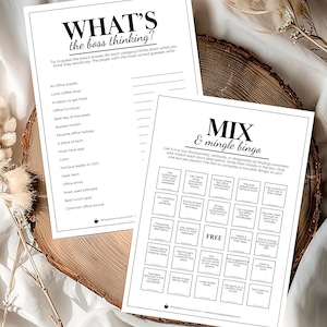 May include: Two printable bingo cards with black text on white paper. The first card is titled "What's the boss thinking?" and has a list of questions about office preferences. The second card is titled "Mix & Mingle Bingo" and has a grid of 25 squares with statements about coworkers.
