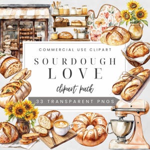 Sourdough Clipart Pack, Watercolor Sourdough Bread PNGs, Bakery Clipart, Loaf of Bread Illustrations, Bread Baking Clip Art, Food Clipart