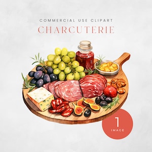 Tablero de charcutería acuarela clipart, gráficos de carne y queso, imágenes prediseñadas de alimentos, tabla de quesos PNG, fabricación de tarjetas, diario basura, uso comercial