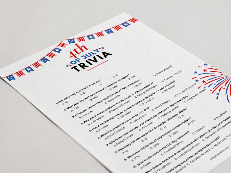 4th of July Trivia Game, Printable Patriotic Quiz, Fun Independence ...