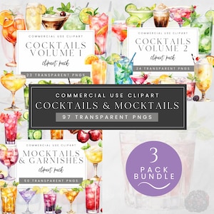 Paquete de imágenes prediseñadas de cócteles de acuarela para uso comercial, imágenes prediseñadas de cócteles exclusivos, cócteles y cócteles sin alcohol para fiestas de verano, bebidas PNG