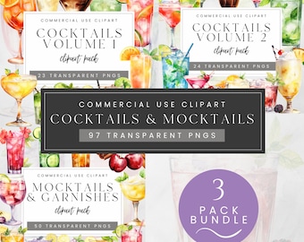 May include: A digital illustration of a 3-pack bundle of watercolor clipart featuring cocktails and mocktails. The clipart includes 97 transparent PNG images of cocktails, mocktails, and garnishes. The text on the image reads "Cocktails Volume 1", "Cocktails Volume 2", "Cocktails & Mocktails", and "Mocktails & Garnishes".