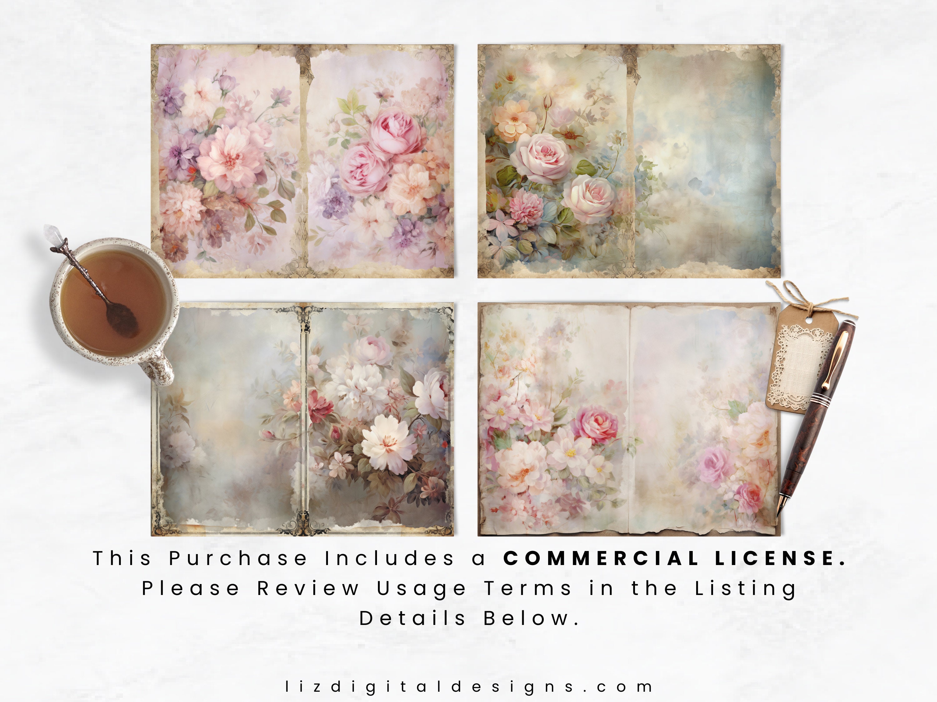 Shabby Chic Florals Junk Journal Papers, Vintage Flowers