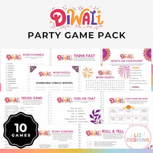 ディワリ パーティー ゲーム、子供と大人向けの印刷可能なゲーム 10 個、楽しいインドのお祭り、ディワリ ビンゴとトリビア アクティビティ バンドル、光の祭典