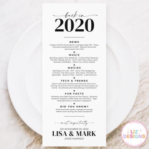 Tarjeta personalizada para la mesa de aniversario de bodas de 2020, decoración para aniversarios importantes, datos curiosos imprimibles, recuerdos de trivia.
