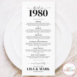 Cartão personalizado para mesa de aniversário de casamento de 1980, decoração de aniversário comemorativo, curiosidades para imprimir, lembrança de curiosidades