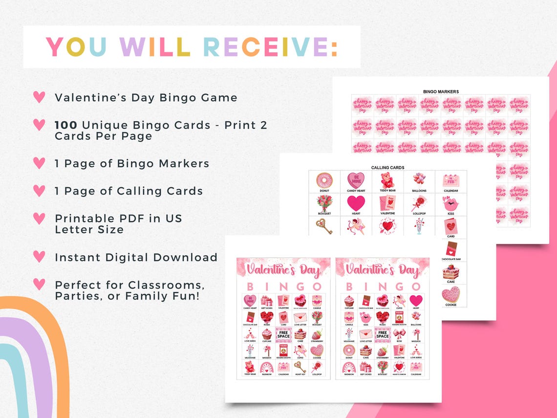 100 Valentine's Day Bingo Cards Printable, Kids Classroom Valentines ...