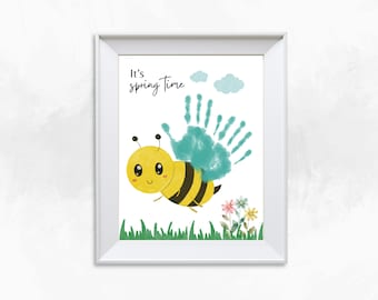 Arte con huellas de manos de primavera, recuerdo de la memoria, manualidad fácil de primavera, manualidad imprimible de Hello Spring, actividades de primavera, divertidas manualidades en PDF imprimibles