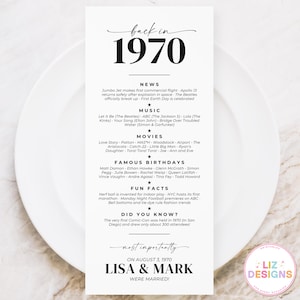 Mariage personnalisé en 1970, cadre de table d'anniversaire de mariage, décoration d'anniversaire de mariage, anecdotes amusantes à imprimer, anecdotes souvenir