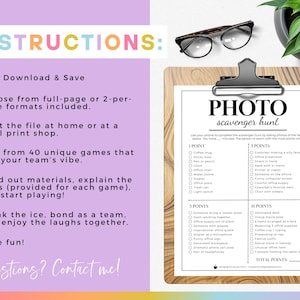 May include: A printable photo scavenger hunt game with instructions on a pink background. The game includes a list of items to find and photograph, with points awarded for each item. The game is perfect for team building or a fun activity for a group of friends.