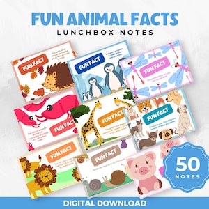 Tierische lustige Fakten Lunchbox Notizen für Kinder, druckbare Lunchbox Karten, positive Affirmation, ermutigende Notizen zur Schule, Schulanfang