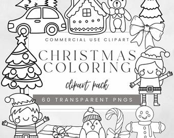 Könnte beinhalten: Ein Set mit 60 Schwarzweiß-Weihnachts-Clipart-Bildern zum Ausmalen. Die Bilder beinhalten einen Weihnachtsbaum, ein Lebkuchenhaus, ein Rentier, einen Pinguin, einen Zuckerstock, einen Lebkuchenmann, ein Auto, eine Schleife, eine Geschenkbox und einen Elf. Der Text "COMMERCIAL USE CLIPART CHRISTMAS COLORING clipart pack 60 TRANSPARENT PNGS" ist im Bild enthalten.