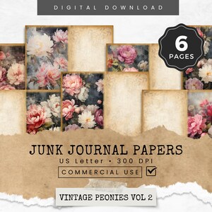 Vintage Peonies Junk Journal Printable Pages for Journaling and Art, Papers for Crafts, Floral Pages, Watercolor Peony Junk Journal Kit