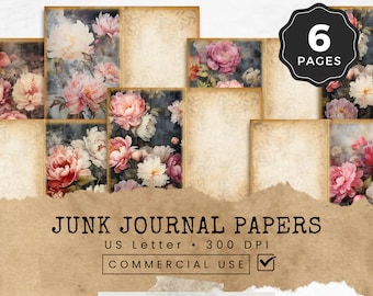 Vintage Peonies Junk Journal Printable Pages for Journaling and Art, Papers for Crafts, Floral Pages, Watercolor Peony Junk Journal Kit
