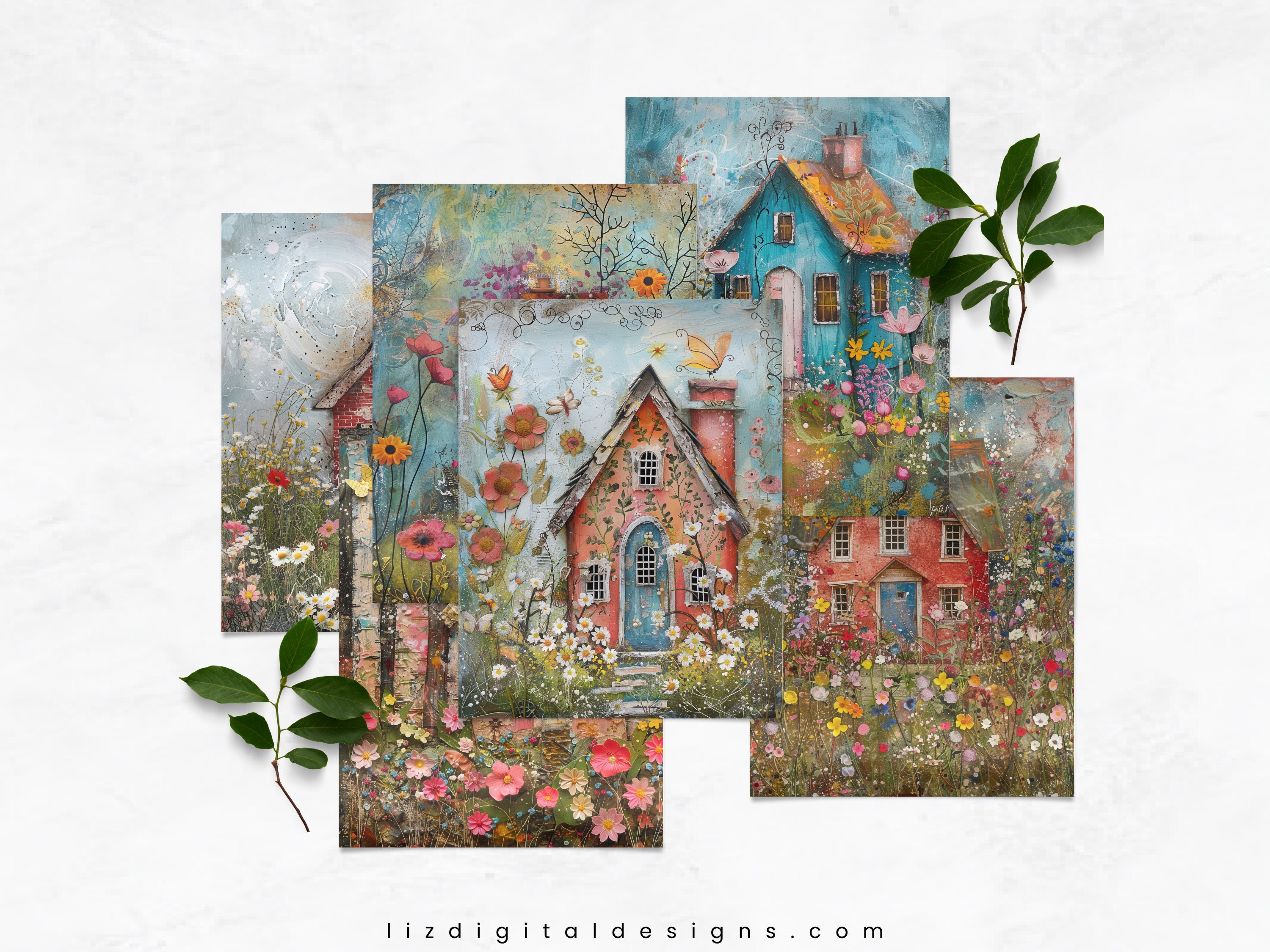 Whimsical Houses Junk Journal Papers, Shabby Chic Mixed Media Farm ...