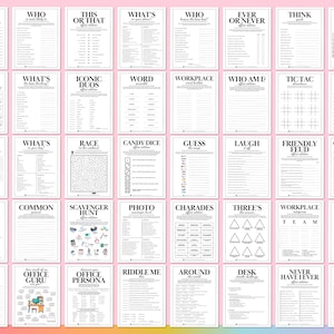 May include: A set of 20 printable office party game cards. The cards feature a variety of games, including "A to Z", "Who Am I", "This or That", "What's on Your Phone", "Iconic Duos", "Word Search", "Race to the Center", "Candy Dice", "Guess the Emoji", "Laugh Out Loud", "Friendly Feud", "Coworker Challenge", "What's in Your Desk", "Common Ground", "Scavenger Hunt", "Photo Scavenger Hunt", "Charades", "Three's a Crowd", "Workplace Team", "True or False", "Finish the Sentence", "Office Guru", "Office Persona", "Riddle Me This", "Around the World", "Desk Challenge", "Never Have I Ever", and "Match".