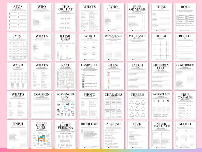 May include: A set of 20 printable office party game cards. The cards feature a variety of games, including "A to Z", "Who Am I", "This or That", "What's on Your Phone", "Iconic Duos", "Word Search", "Race to the Center", "Candy Dice", "Guess the Emoji", "Laugh Out Loud", "Friendly Feud", "Coworker Challenge", "What's in Your Desk", "Common Ground", "Scavenger Hunt", "Photo Scavenger Hunt", "Charades", "Three's a Crowd", "Workplace Team", "True or False", "Finish the Sentence", "Office Guru", "Office Persona", "Riddle Me This", "Around the World", "Desk Challenge", "Never Have I Ever", and "Match".
