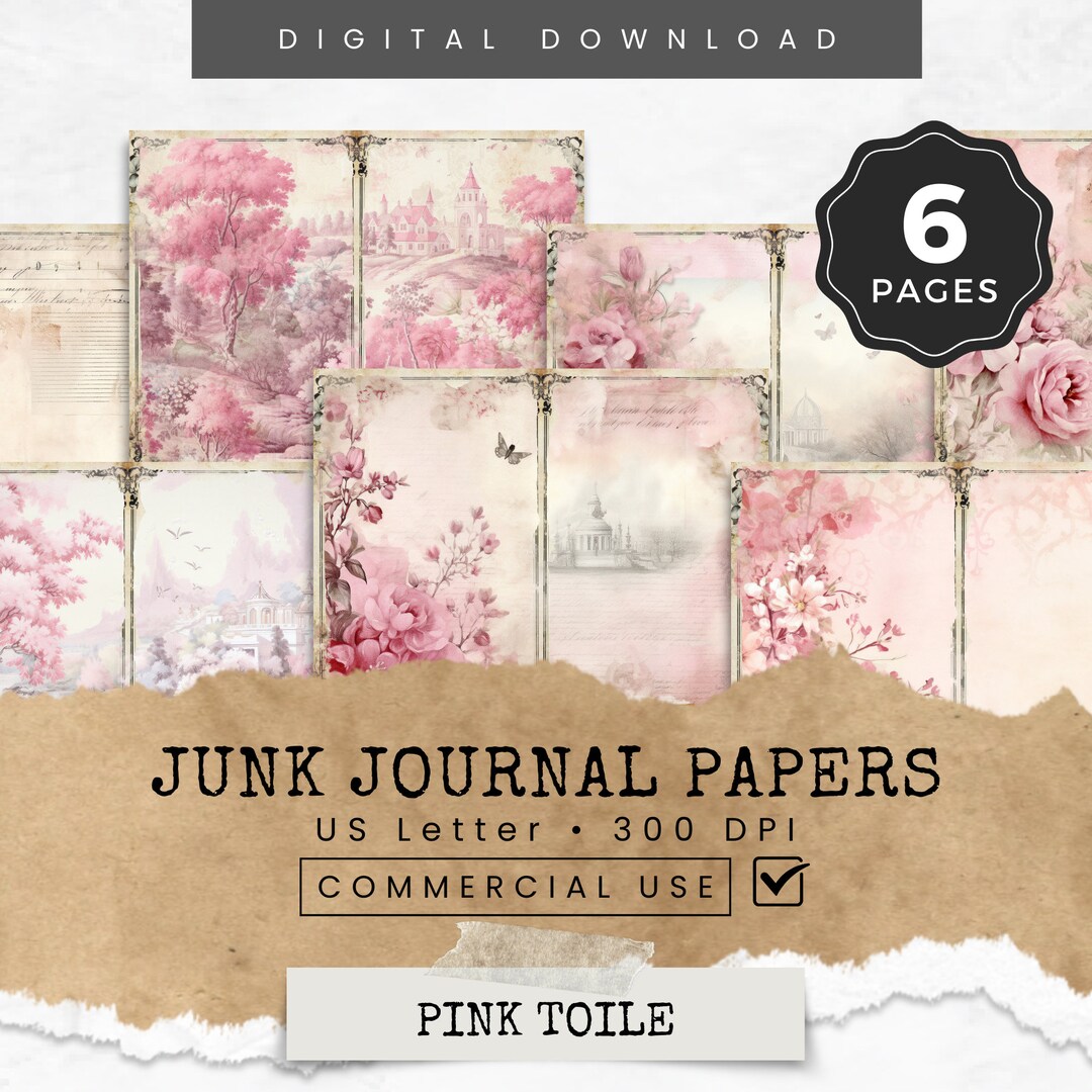 Pink Toile Junk Journal Digital Paper, 6 Floral Digital Journal Pages ...