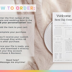May include: A black and white wedding sign with the text "Welcome to the Best Day Ever!" and instructions on how to order. The sign includes a photo scavenger hunt and word search. The sign is on a white plate.