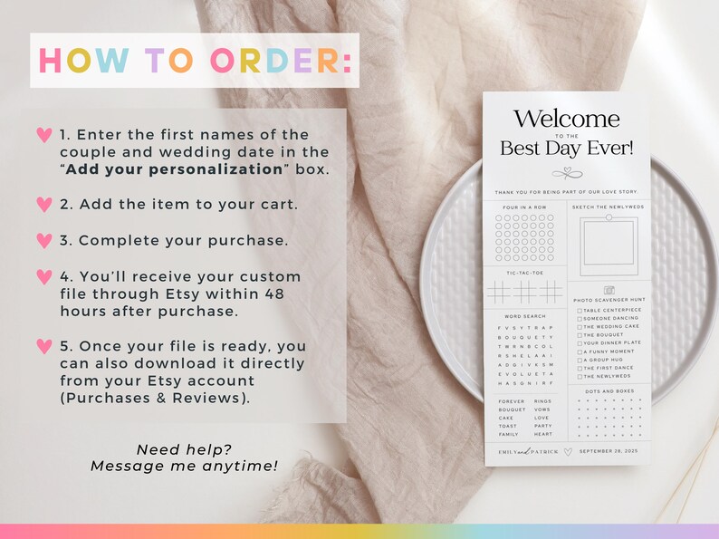 May include: A black and white wedding sign with the text "Welcome to the Best Day Ever!" and instructions on how to order. The sign includes a photo scavenger hunt and word search. The sign is on a white plate.
