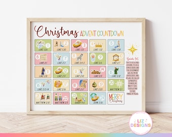 Calendario dell'Avvento con conto alla rovescia, conto alla rovescia di Natale stampabile, storia della Natività, versetti della Bibbia, attività per la famiglia, calendario di Natale