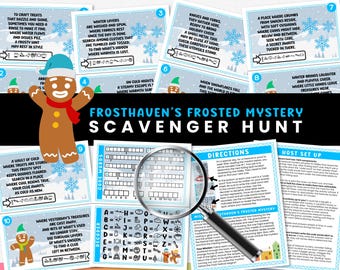 Peut inclure: Un jeu de chasse au trésor imprimable sur le thème de l'hiver. Le jeu met en scène un personnage de pain d'épices et un puzzle de mots codés. Le jeu s'appelle "Frosthaven's Frosted Mystery Scavenger Hunt".