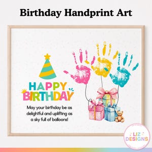 Arte de impressão de mão de feliz aniversário para imprimir, balões de aniversário personalizados para presente, impressão de mão de lembrança de criança, artesanato para crianças em creches e pré-escolas