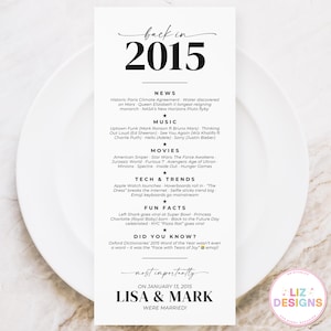 Gepersonaliseerd getrouwd in 2015 huwelijksverjaardag couvert tafel, mijlpaal jubileum decor, leuke weetjes afdrukbaar, trivia aandenken