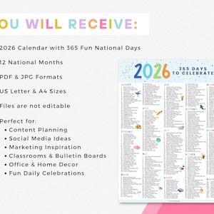 2026 National Days Calendar Printable, Content Planner, Theme Days, One