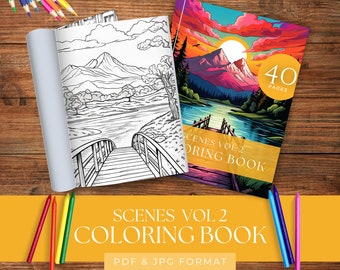 Scenery Coloring Book For Adults Landscape, Printable Coloring Pages, Outdoor Scene Digital Coloring, Printable PDF for Adults and Kids