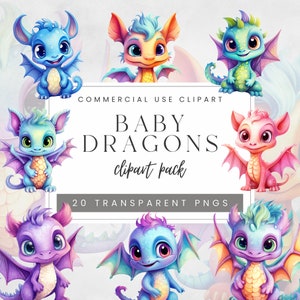 Watercolor Baby Dragons Clip Art Bundle, Cute Baby Dragon PNG, Dragon Nursery Decor Illustrations, Fantasy Clipart