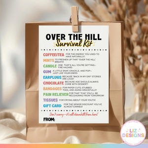Over the Hill Survival Kit Tag, Funny Milestone Birthday Gag Gift, Printable Birthday Tag for 40th, 50th, 60th, Senior Survival Kit