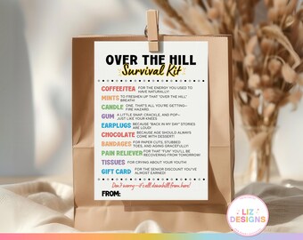 Etiqueta de kit de supervivencia para personas mayores, divertido regalo de broma para un cumpleaños importante, etiqueta imprimible para cumpleaños número 40, 50 y 60, kit de supervivencia para personas mayores.