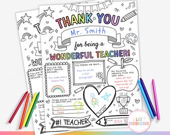 Teacher Appreciation Week Coloring Page, Printable Thank You from Kids, End of Year Gift, All About My Teacher, Custom Teacher Gift Ideas
