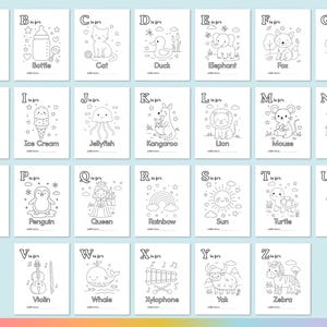 May include: A collection of 26 coloring pages, each featuring a different letter of the alphabet and a corresponding illustration. The images include an alligator, bottle, cat, duck, elephant, fox, giraffe, hedgehog, ice cream, and more. Each page has the text "A is for" or "B is for" etc.