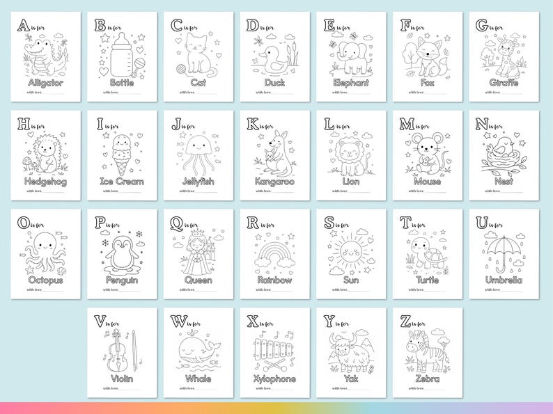 May include: A collection of 26 coloring pages, each featuring a different letter of the alphabet and a corresponding illustration. The images include an alligator, bottle, cat, duck, elephant, fox, giraffe, hedgehog, ice cream, and more. Each page has the text "A is for" or "B is for" etc.