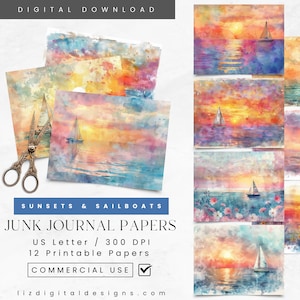 Sonnenuntergänge Segelboot Junk Journal Papier, Printable Vintage Ocean Collage Sheet, Boot Ephemera, Sonnenuntergang Scrapbook Papier, Segelboot Decoupage