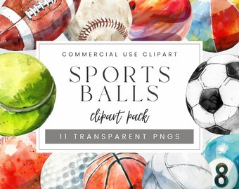 Watercolor Sports Balls Clip Art Bundle, Football Baseball Basketball Tennis Ball Soccer Clipart Bundle, Commercial Use PNG