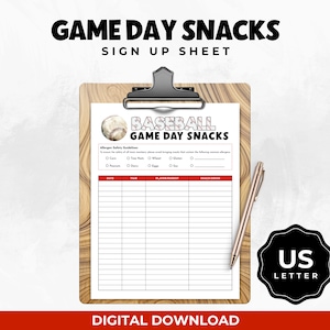 Baseball Game Day Snack Schedule Sign Up Sheet, Printable Baseball Tournament Snack Schedule Sheet, Game Day Treats Template