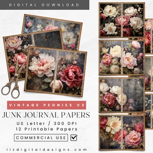 Vintage Pink Red Peonies Junk Journal Pages, Printable Floral Scrapbook Supplies, Digital Collage Sheet, Peony Ephemera Decoupage