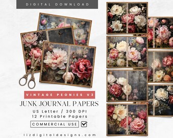 Vintage Pink Red Peonies Junk Journal Pages, Printable Floral Scrapbook Supplies, Digital Collage Sheet, Peony Ephemera Decoupage