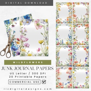 Wildflowers Junk Journal Printable Papers, Wildflowers Junk Journal Papers, Digital Paper, Floral Journal Page, Digital Download, Collage