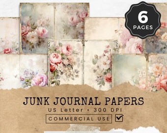 May include: Six digital printable papers featuring vintage floral designs in shades of pink, white, and green. The papers are perfect for junk journaling, scrapbooking, or other paper crafts. The text "JUNK JOURNAL PAPERS" is at the bottom of the image, along with the text "US Letter 300 DPI" and "COMMERCIAL USE". The text "SHABBY CHIC FLORALS VOL 1" is at the bottom of the image.
