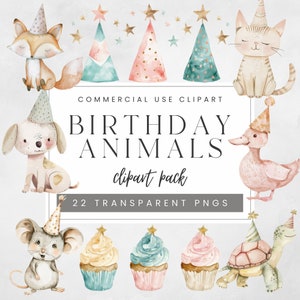 Bundle de cliparts aquarelle fête d'anniversaire animaux, PNG pour gâteaux et cupcakes, chambre de bébé animaux, graphiques de fête d'enfants, Images de cartes de voeux